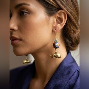 Artisan Hand Wrapped Wire Rust Color Cloisonné & Elephant Earrings